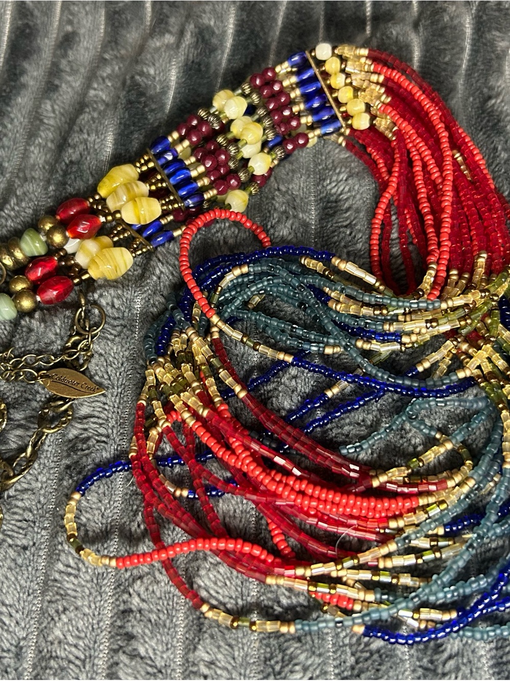 Coldwater Creek Red, Blue, Gold Multistrand Beaded Fringe Necklace